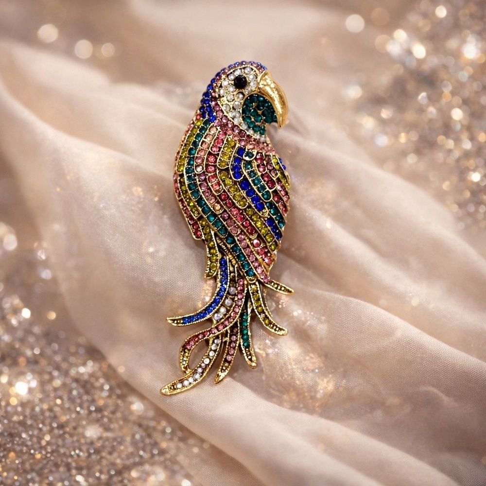 Colorful Rhinestone Parrot Brooch Gold Tone Vintage Style Crystal Bird Pin
